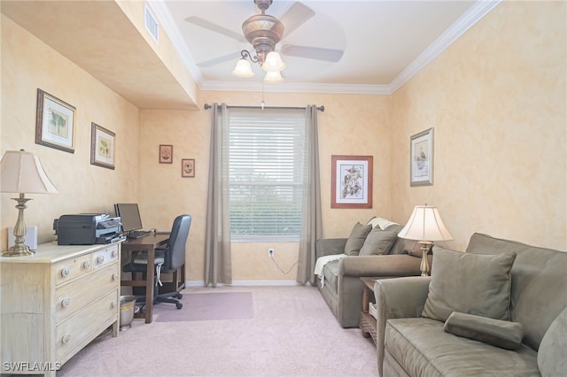 office area featuring light carpet, ornamental molding, and ceiling fan