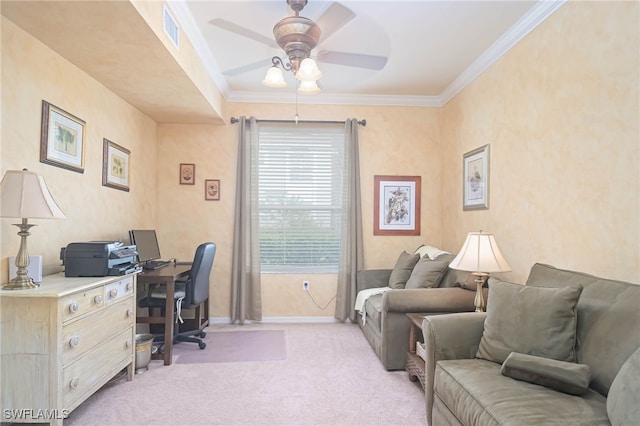10296 Heritage Bay Blvd Unit 3111, Naples, FL 34120 - home office featuring crown molding, visible vents, baseboards, light carpet, and a ceiling fan