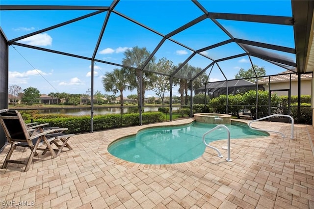 view of swimming pool featuring a water view, an in ground hot tub, a patio, and glass enclosure