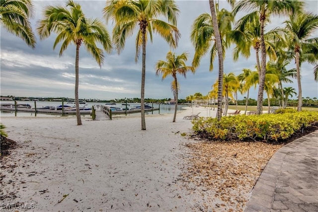 view of community with a water view and a dock