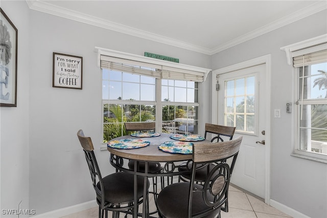 tiled dining area with crown molding