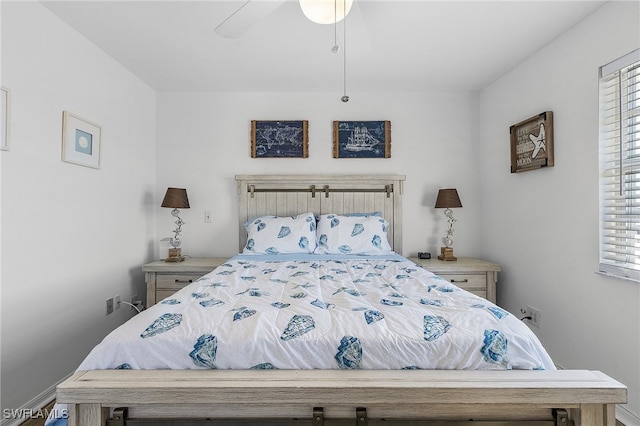 bedroom featuring ceiling fan and multiple windows