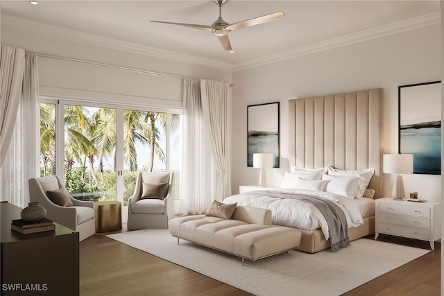 bedroom featuring crown molding, ceiling fan, and dark wood-type flooring