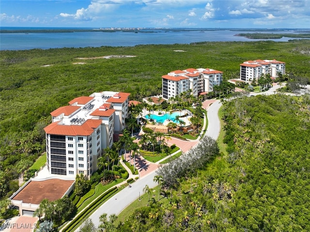 aerial view featuring a water view