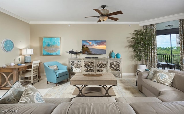 living room with crown molding and ceiling fan