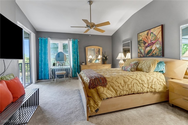 bedroom with access to outside, carpet flooring, vaulted ceiling, and ceiling fan