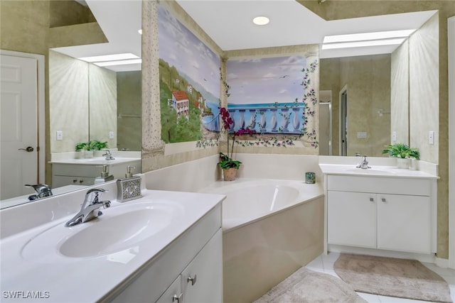 bathroom with vanity, separate shower and tub, and tile patterned floors