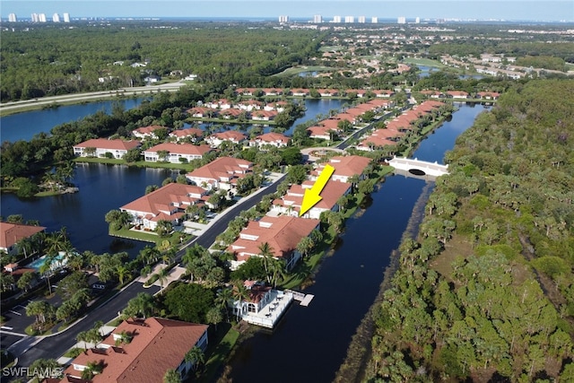 drone / aerial view featuring a water view