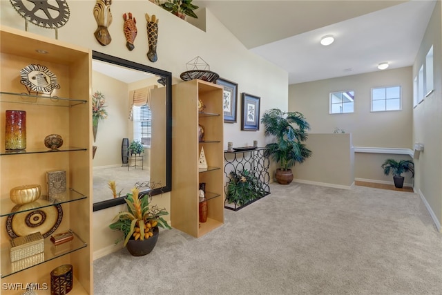 interior space with plenty of natural light and light colored carpet