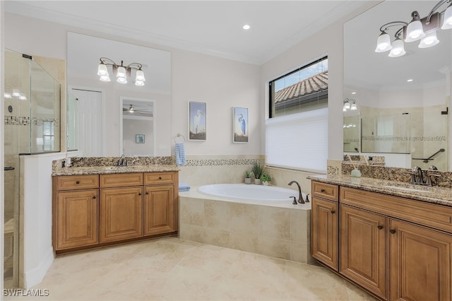 bathroom featuring vanity, ceiling fan, ornamental molding, and plus walk in shower