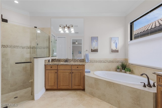 bathroom featuring vanity, tile patterned floors, ornamental molding, and shower with separate bathtub