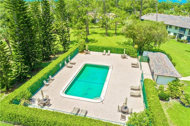 view of pool featuring a yard