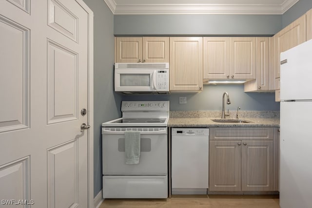 kitchen featuring light hardwood / wood-style flooring, crown molding, sink, and white appliances