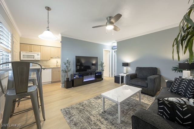 living room with ceiling fan, sink, light wood-type flooring, and ornamental molding