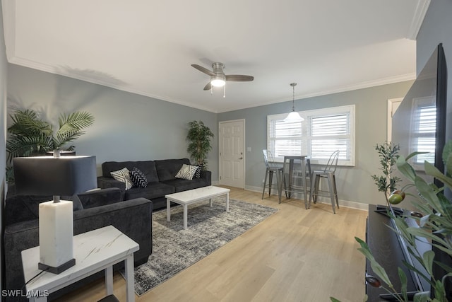 living room with light hardwood / wood-style floors, ornamental molding, and ceiling fan