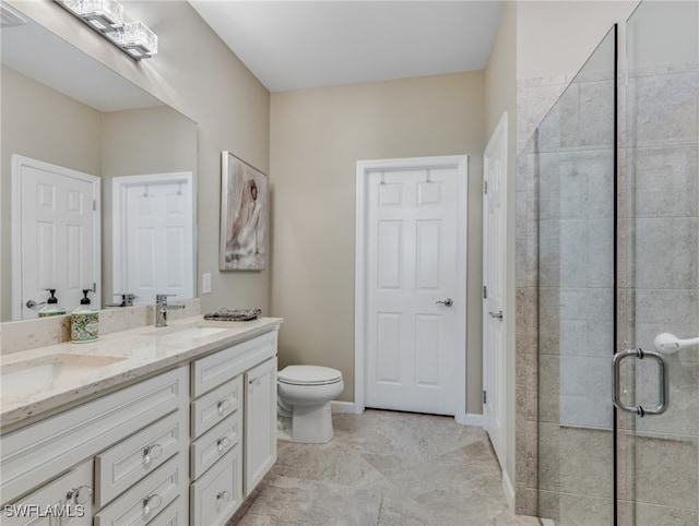 bathroom featuring walk in shower, vanity, and toilet