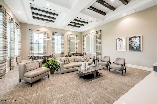 living room with beam ceiling, light colored carpet, and coffered ceiling