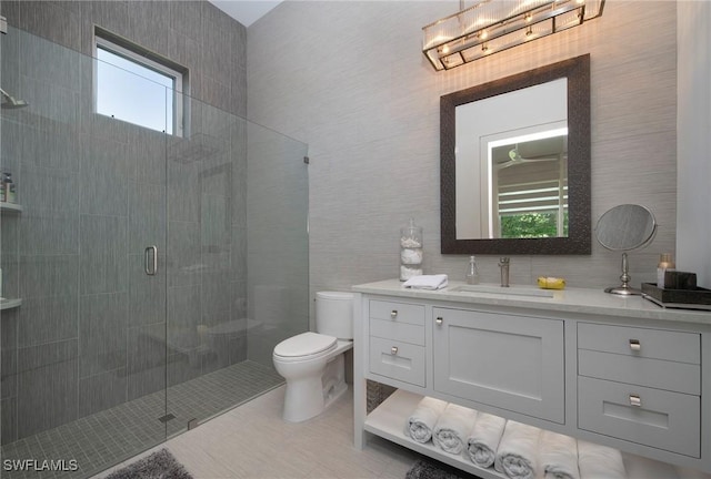 bathroom with vanity, toilet, and a shower with shower door