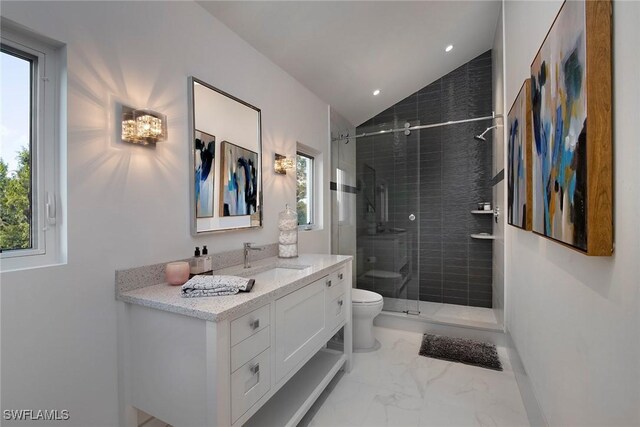 581 Myrtle Rd, Naples, FL 34108 - full bathroom with lofted ceiling, vanity, marble finish floors, a stall shower, and recessed lighting