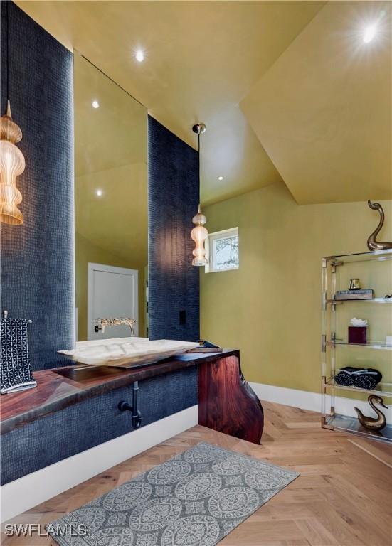 bathroom with parquet floors