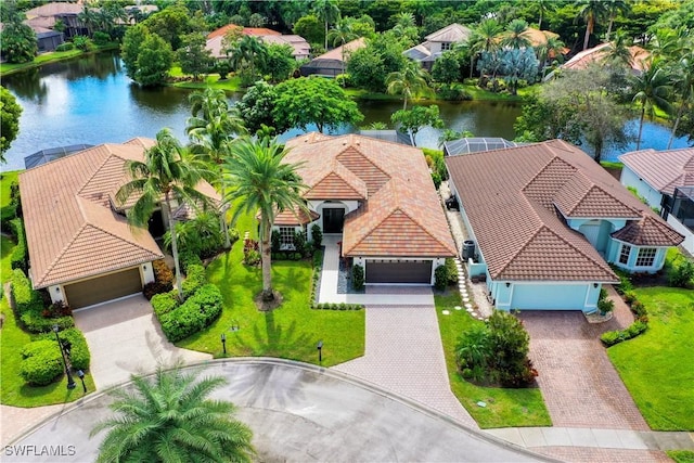 drone / aerial view featuring a water view