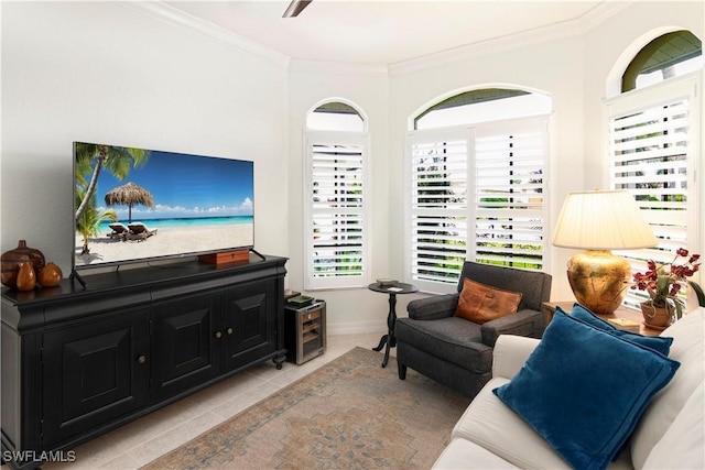 tiled living room featuring ornamental molding