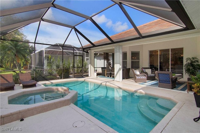 view of swimming pool featuring an outdoor hangout area, a patio area, and an in ground hot tub