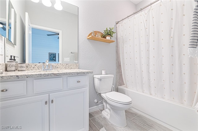 full bathroom featuring wood-type flooring, vanity, toilet, and shower / tub combo with curtain