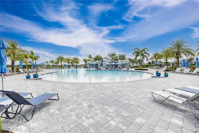 view of swimming pool with a patio