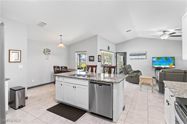 kitchen featuring white cabinetry, a center island with sink, decorative light fixtures, dishwasher, and sink