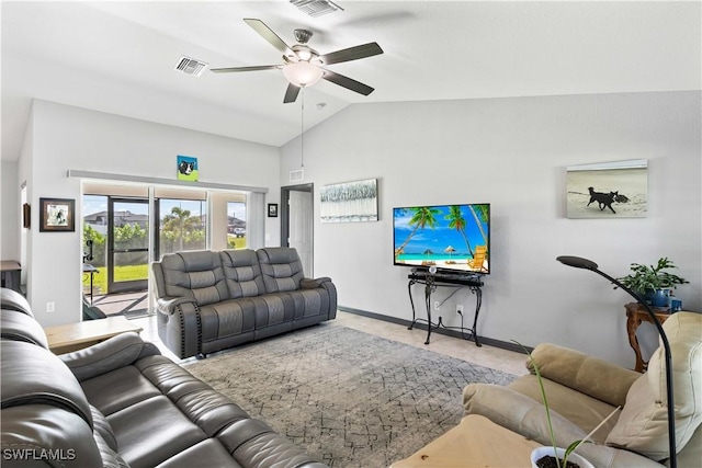 living room with ceiling fan and lofted ceiling