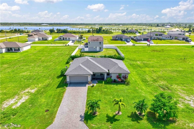 drone / aerial view featuring a water view