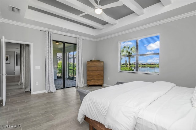 bedroom featuring baseboards, visible vents, coffered ceiling, beamed ceiling, and access to exterior