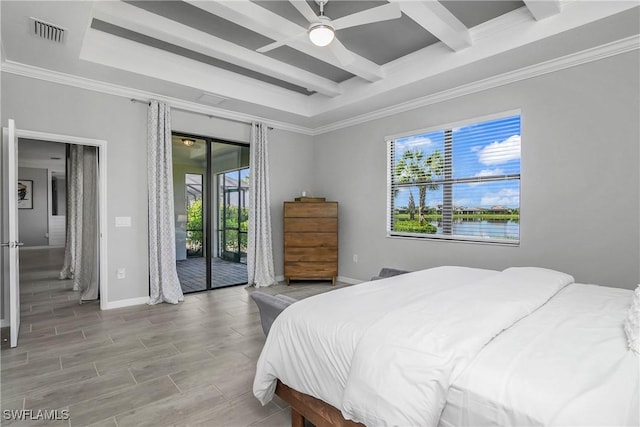 19644 The Place Blvd, Estero, FL 33928 - bedroom with access to exterior, multiple windows, beam ceiling, baseboards, and ornamental molding