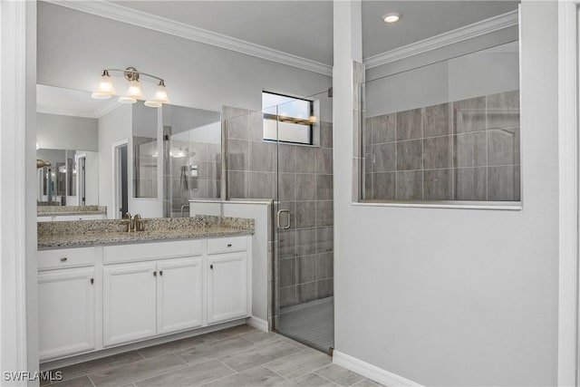 19644 The Place Blvd, Estero, FL 33928 - full bathroom featuring a stall shower, crown molding, vanity, and baseboards