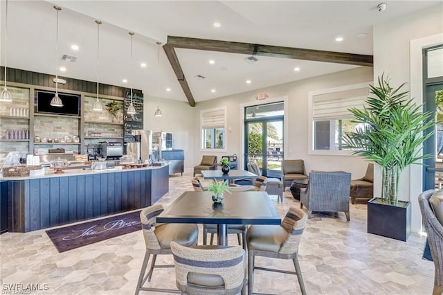 dining space featuring recessed lighting, french doors, visible vents, and lofted ceiling with beams