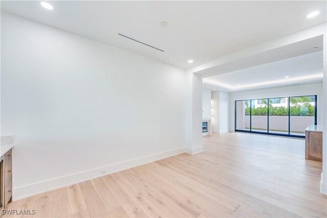 spare room with a fireplace, a raised ceiling, and light hardwood / wood-style flooring