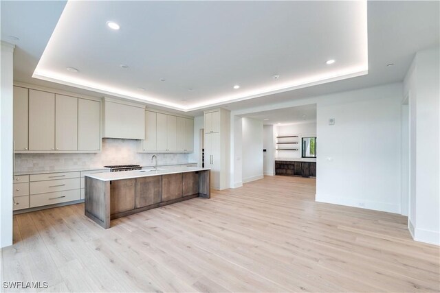 kitchen with an island with sink, sink, tasteful backsplash, a tray ceiling, and light wood-type flooring