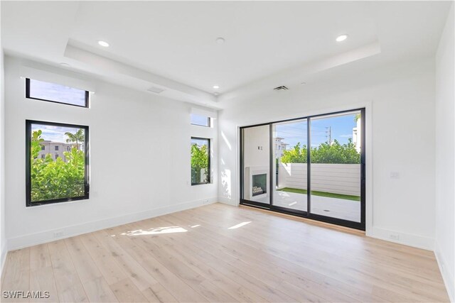 unfurnished room with a tray ceiling and light hardwood / wood-style flooring