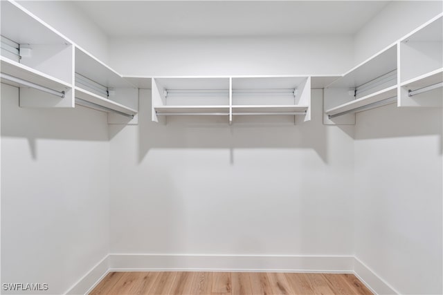 walk in closet with light hardwood / wood-style flooring