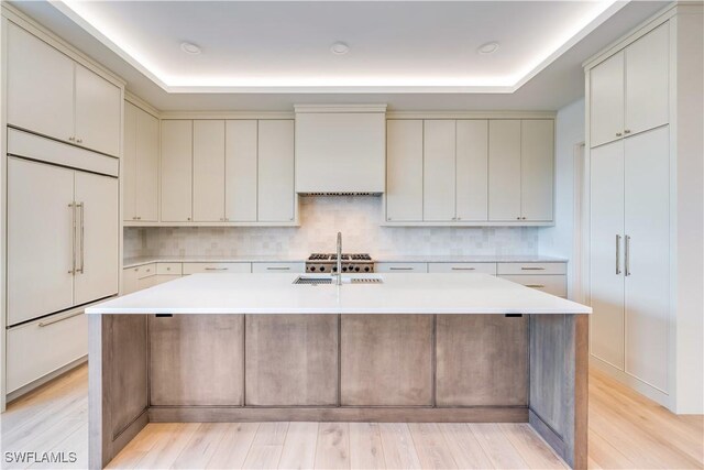 kitchen with premium range hood, a kitchen island with sink, and light hardwood / wood-style floors