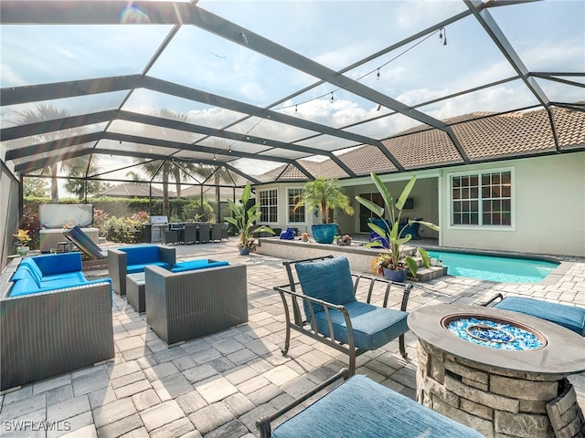 view of patio / terrace featuring a lanai and outdoor lounge area