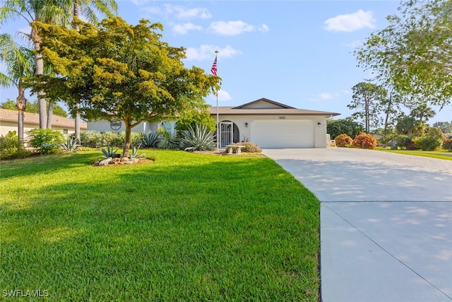 ranch-style home featuring a front yard and a garage