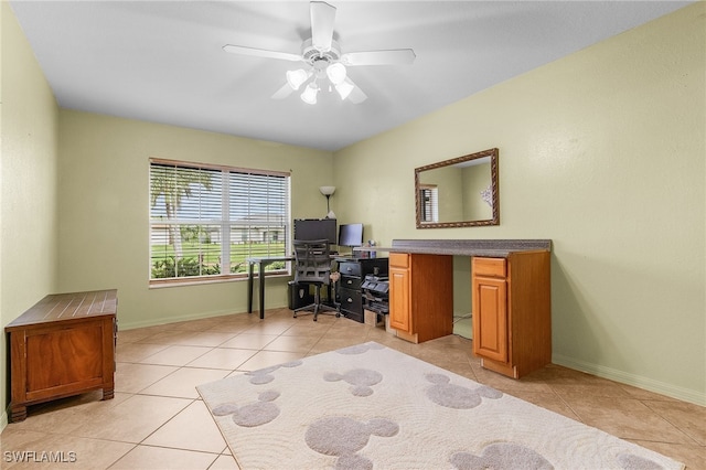 tiled office with ceiling fan