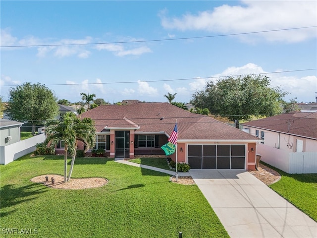 single story home featuring a garage and a front lawn