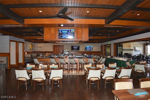 dining area with wood ceiling, hardwood / wood-style floors, and beam ceiling