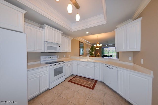 kitchen with kitchen peninsula, light tile patterned floors, crown molding, white cabinetry, and white appliances