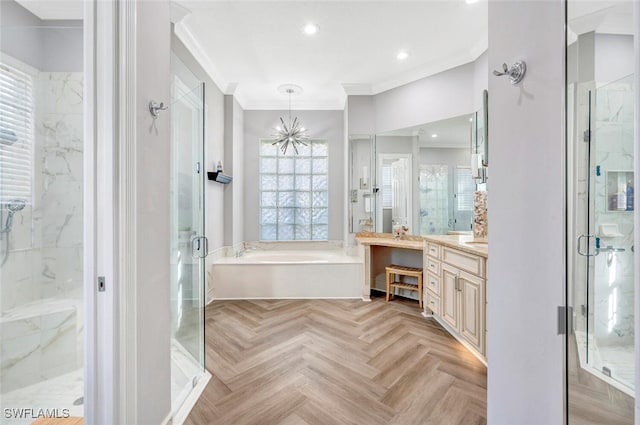 bathroom featuring parquet flooring, vanity, crown molding, and independent shower and bath