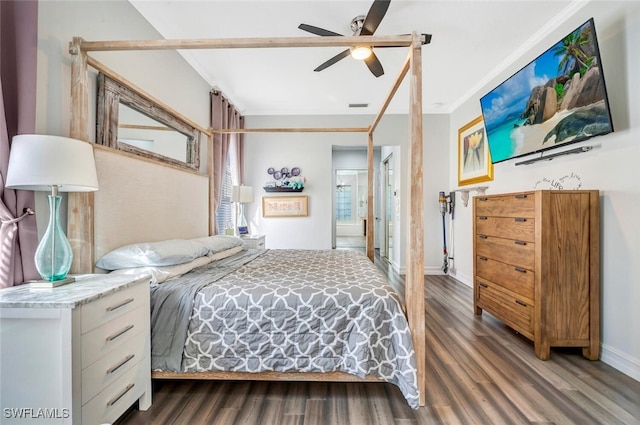 bedroom with ceiling fan and dark wood-type flooring