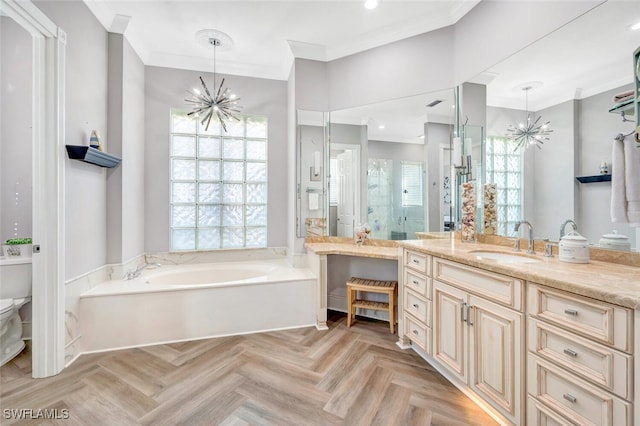 bathroom featuring parquet flooring, vanity, plus walk in shower, crown molding, and a chandelier